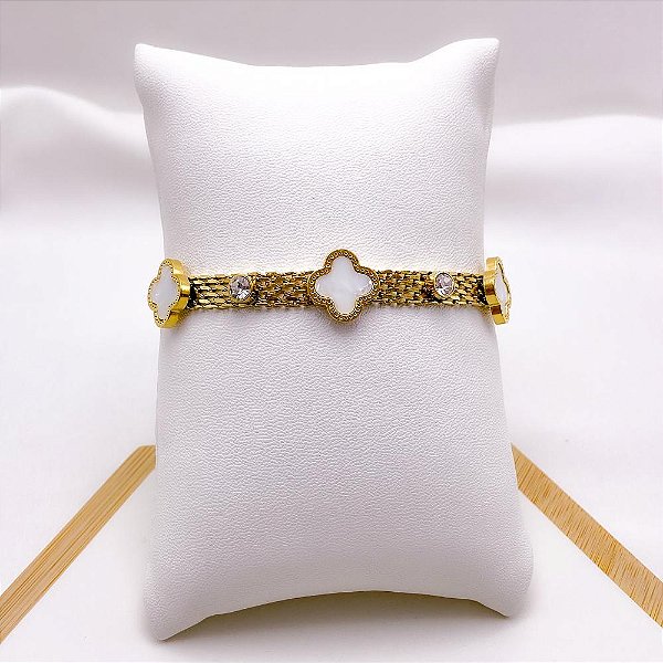 PULSEIRA AÇO INOXIDÁVEL PEDRA CRISTAL TREVO PEROLADO - DOURADA
