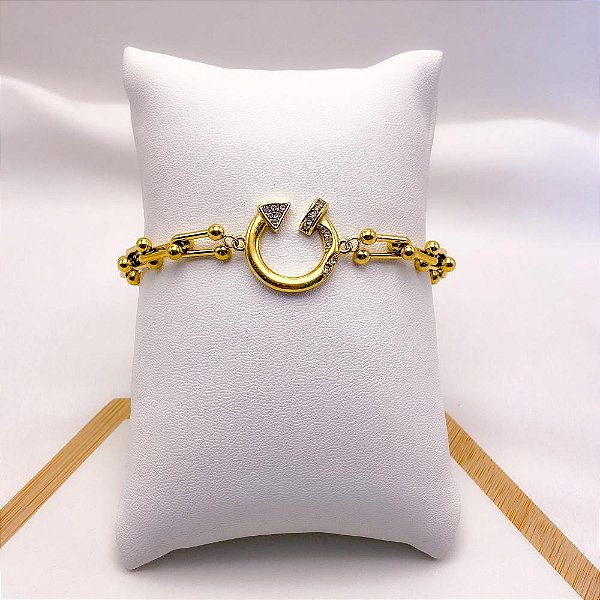 PULSEIRA AÇO INOXIDÁVEL PREGO CRAVEJADO - DOURADA
