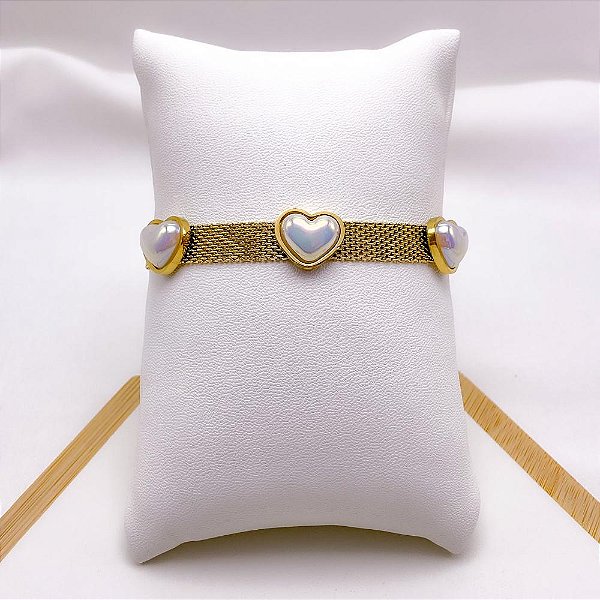 PULSEIRA AÇO INOXIDÁVEL CORAÇÃO PEROLADO - DOURADA