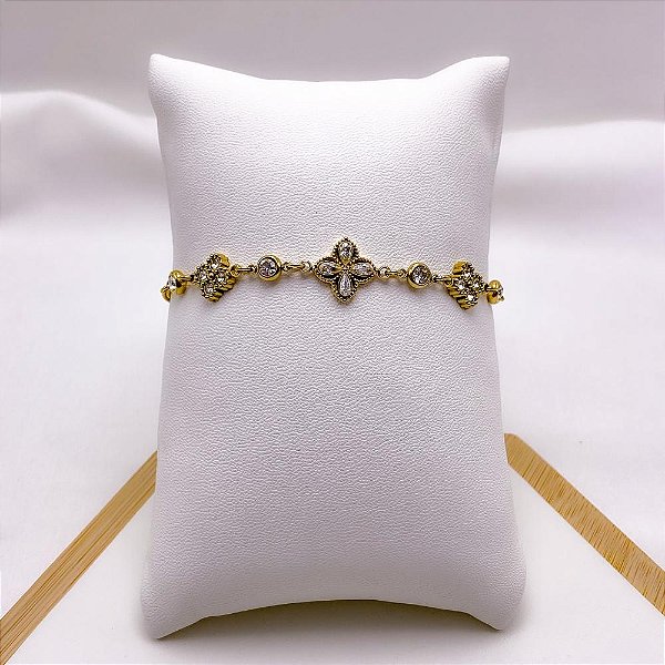 PULSEIRA AÇO INOXIDÁVEL TREVO CRISTAL - DOURADA