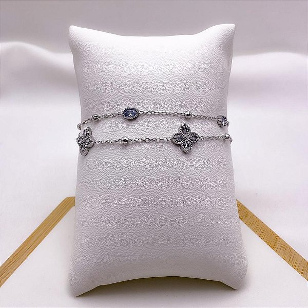 PULSEIRA AÇO INOXIDÁVEL DUPLA TREVO CRISTAL - PRATEADA