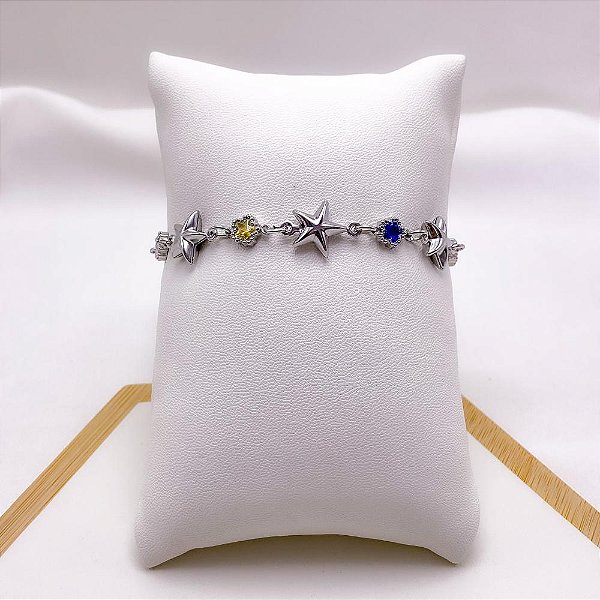 PULSEIRA AÇO INOXIDÁVEL ESTRELA DO MAR COM PEDRAS COLORIDAS - PRATEADA