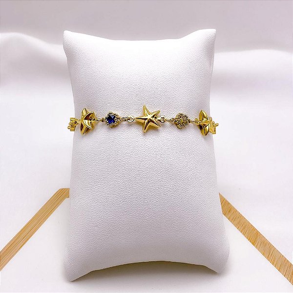 PULSEIRA AÇO INOXIDÁVEL ESTRELA DO MAR COM PEDRAS COLORIDAS - DOURADA