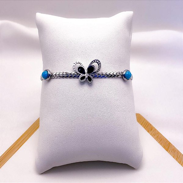 PULSEIRA AÇO INOXIDÁVEL BORBOLETA PRETA - PRATEADA