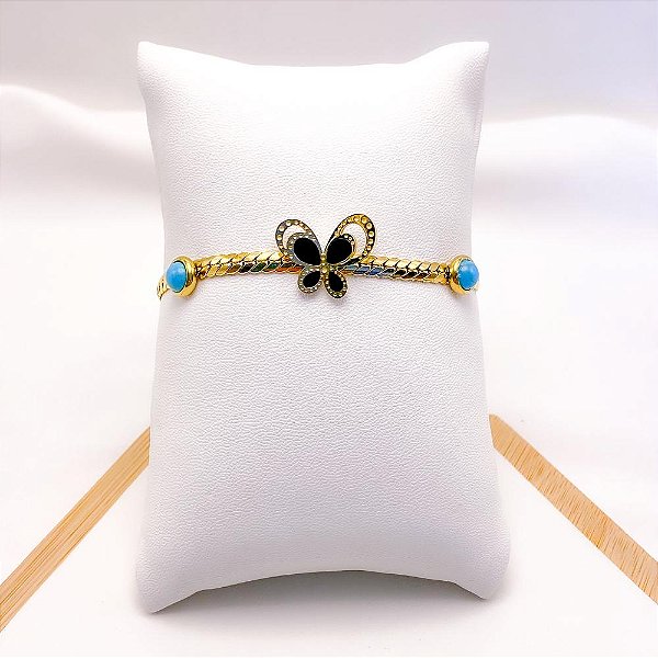 PULSEIRA AÇO INOXIDÁVEL BORBOLETA PRETA - DOURADA