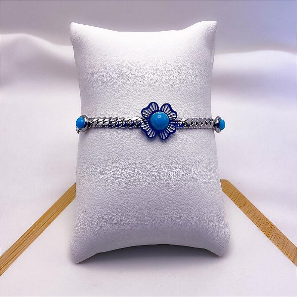 PULSEIRA AÇO INOXIDÁVEL FLOR  AZUL - PRATEADA