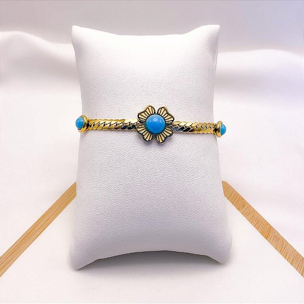PULSEIRA AÇO INOXIDÁVEL FLOR  AZUL - DOURADA