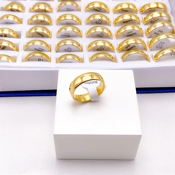 ALIANCA DE ACO INOXIDAVEL LISA LARGA DOURADA 6MM - (UNIDADE)