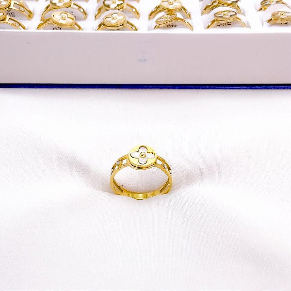 ANEL  AÇO INOXIDÁVEL TREVO PEROLADO - DOURADO