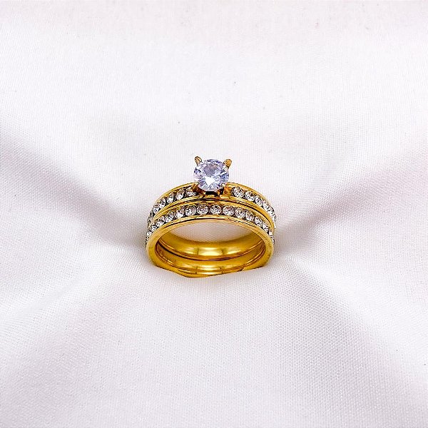 KIT ANEL  AÇO INOXIDÁVEL SOLITARIO E ALIANCA PEDRAS CRISTAL - DOURADO