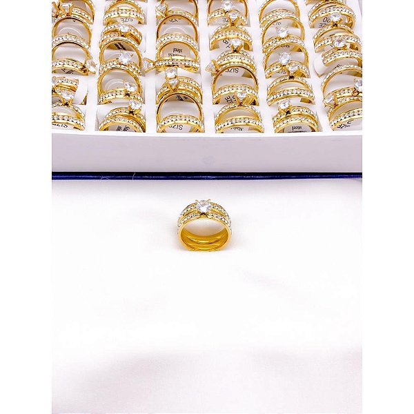 KIT ANEL AÇO INOXIDÁVEL SOLITARIO E ALIANCA PEDRAS CRISTAL - DOURADO
