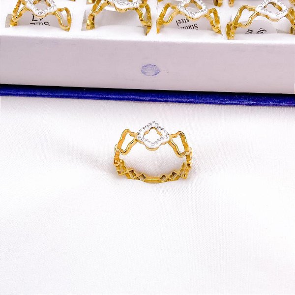 ANEL  AÇO INOXIDÁVEL TREVO STRASS - DOURADO