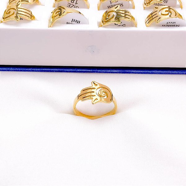ANEL  AÇO INOXIDÁVEL MÃO HAMSA - DOURADO