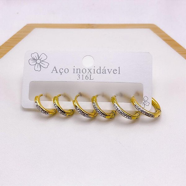 CARTELA BRINCO TRIO AÇO INOX ARGOLINHA CLICK  STRASS - DOURADO