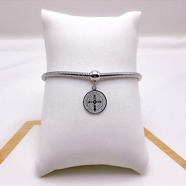 PULSEIRA AÇO INOXIDÁVEL RABO DE RATO PINGENTE SÃO BENTO  - PRATEADA
