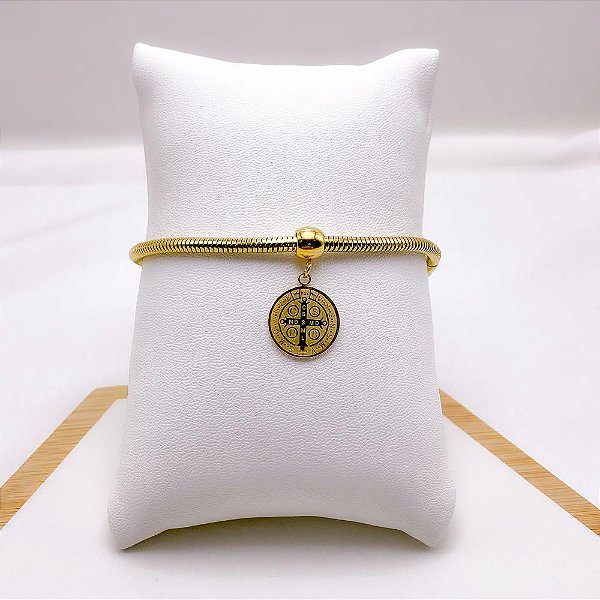 PULSEIRA AÇO INOXIDÁVEL RABO DE RATO PINGENTE SÃO BENTO  - DOURADA