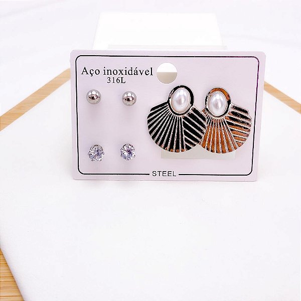 CARTELA BRINCO TRIO AÇO INOX LEQUE COM PÉROLA - DOURADO