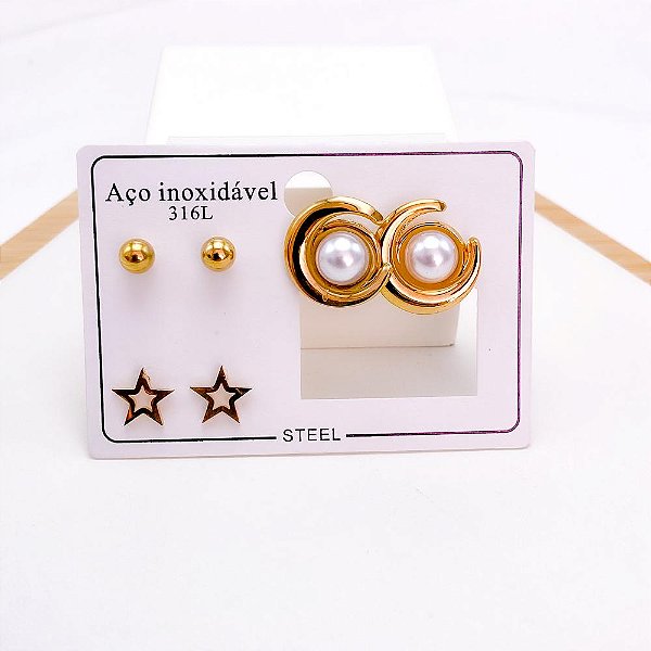 CARTELA BRINCO TRIO AÇO INOX REDONDO COM PÉROLA - DOURADO