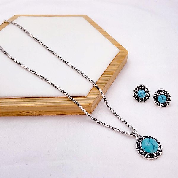 CONJUNTO COLAR  E BRINCO AÇO INOXIDÁVEL  ESTILO BOHO - PRATEADO
