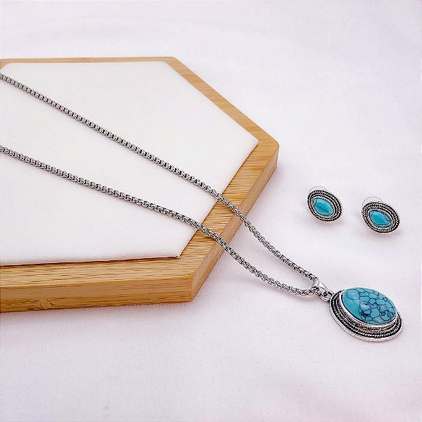 CONJUNTO COLAR  E BRINCO AÇO INOXIDÁVEL  ESTILO BOHO - PRATEADO