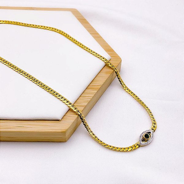 COLAR AÇO INOXIDÁVEL 45CM  SEMI RÍGIDO OLHO GREGO PEDRA VERDE - DOURADO