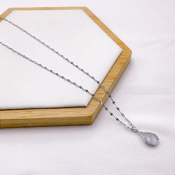 COLAR AÇO INOXIDÁVEL 45CM PINGENTE BANHADO GOTA PEROLADA - PRATEADO