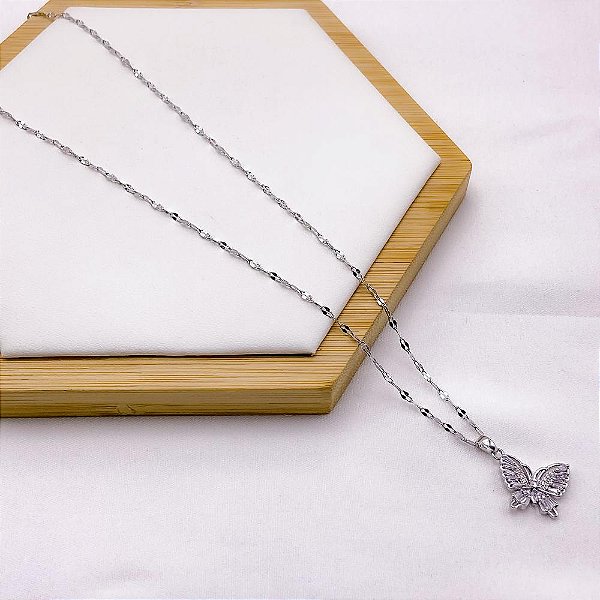 COLAR AÇO INOXIDÁVEL 45CM PINGENTE BANHADO BORBOLETA PEDRA CRISTAL - PRATEADO