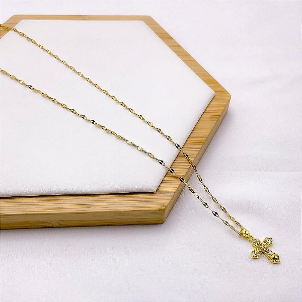 COLAR AÇO INOXIDÁVEL 45CM PINGENTE BANHADO CRUZ CRAVEJADO STRASS - DOURADO