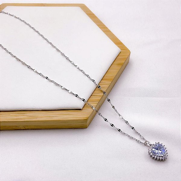 COLAR AÇO INOXIDÁVEL 45CM PINGENTE BANHADO CORAÇÃO PEDRA CRISTAL CRAVEJADO STRASS - PRATEADO