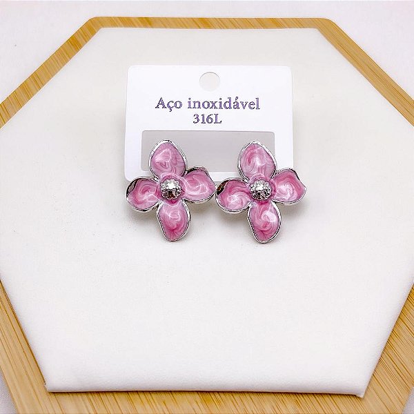 BRINCO AÇO INOX CORAÇÃO RESINADO ROSA - PRATEADO