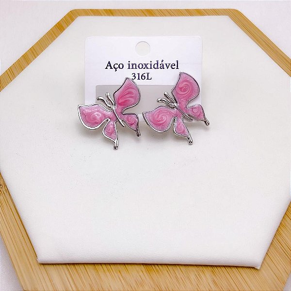 BRINCO AÇO INOX BORBOLETA RESINADO ROSA - PRATEADO