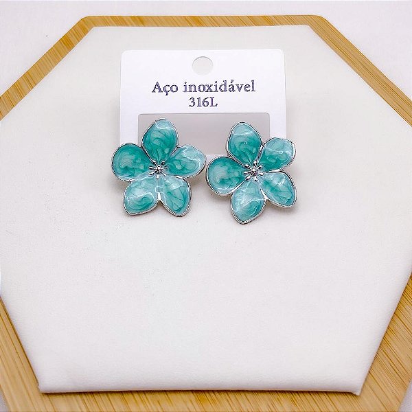BRINCO AÇO INOX FLOR RESINADO PRATEADO - VERDE