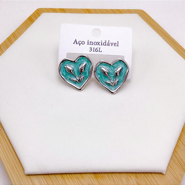 BRINCO AÇO INOX CORAÇÃO RESINADO VERDE - PRATEADO