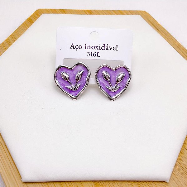 BRINCO AÇO INOX CORAÇÃO RESINADO LILÁS - PRATEADO