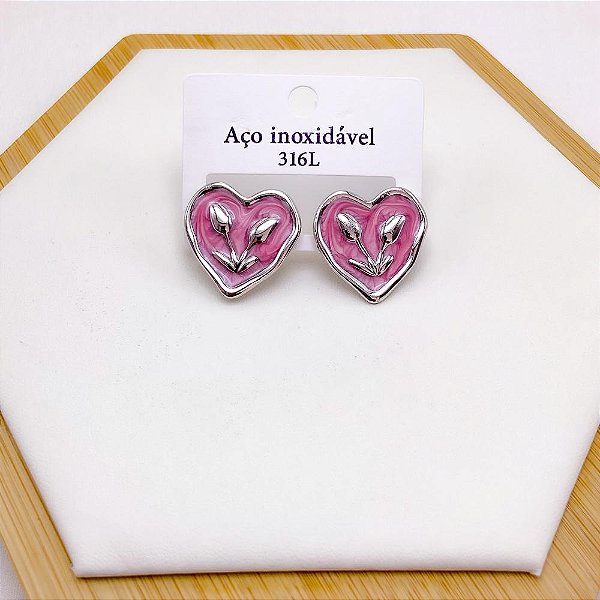 BRINCO AÇO INOX CORAÇÃO RESINADO ROSA - PRATEADO