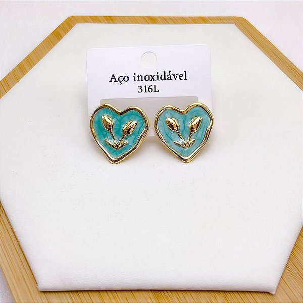 BRINCO AÇO INOX CORAÇÃO RESINADO VERDE - DOURADO