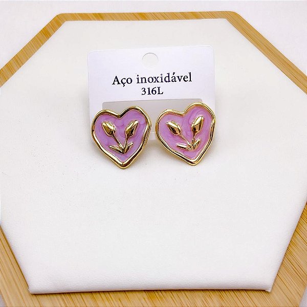 BRINCO AÇO INOX CORAÇÃO RESINADO LILÁS - DOURADO