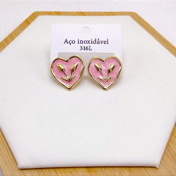 BRINCO AÇO INOX CORAÇÃO RESINADO ROSA - DOURADO
