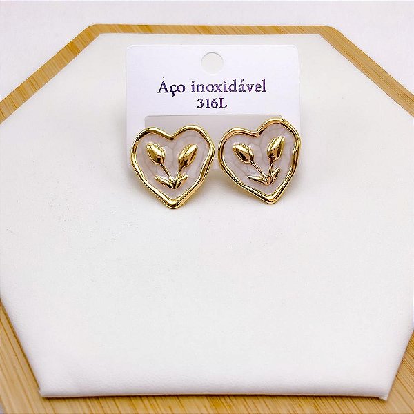 BRINCO AÇO INOX CORAÇÃO RESINADO PEROLADO - DOURADO