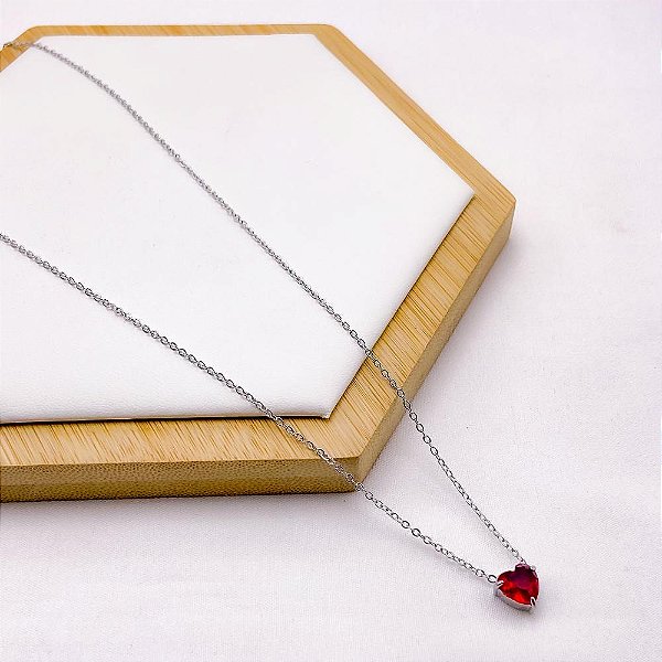 COLAR AÇO INOXIDÁVEL 45CM  CORAÇÃO VERMELHO - PRATEADO