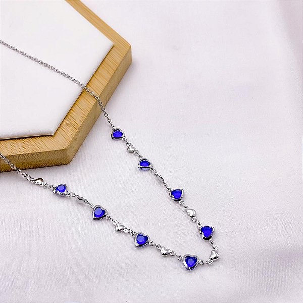 COLAR AÇO INOXIDÁVEL 45CM  CORAÇÃO AZUL - PRATEADO