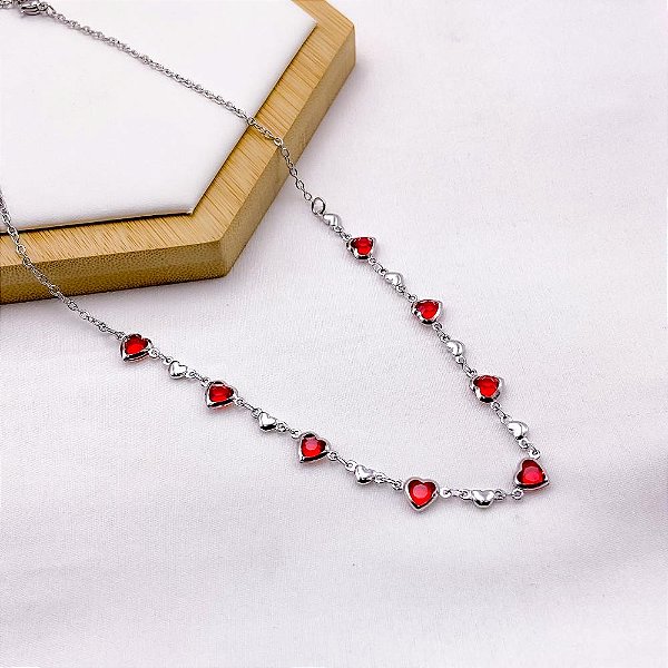 COLAR AÇO INOXIDÁVEL 45CM  CORAÇÃO VERMELHO - PRATEADO