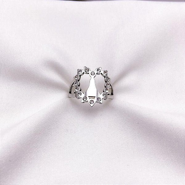 ANEL  AÇO INOXIDÁVEL NOSSA SENHORA CRAVEJADO PEDRA CRISTAL - PRATEADO