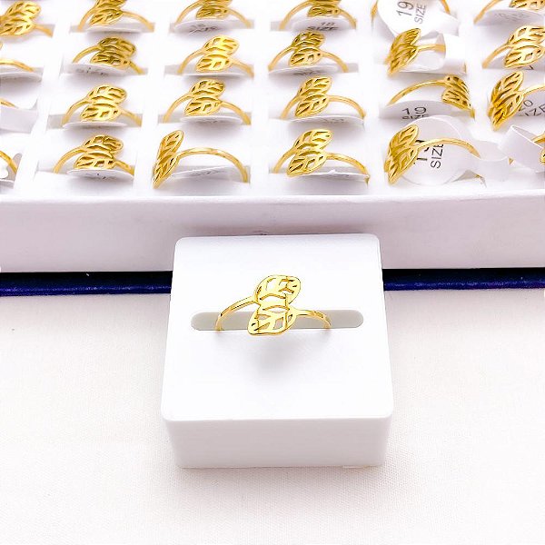 ANEL  AÇO INOXIDÁVEL FOLHAS - DOURADO