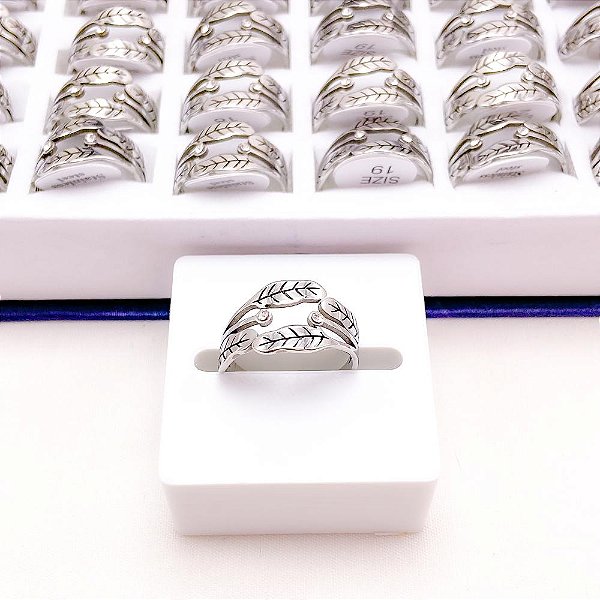 ANEL  AÇO INOXIDÁVEL FOLHAS PEDRA CRISTAL - PRATEADO