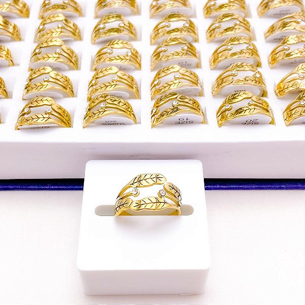 ANEL  AÇO INOXIDÁVEL FOLHAS PEDRA CRISTAL - DOURADO