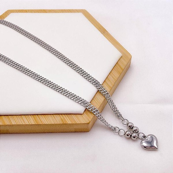 COLAR AÇO INOX 50 CM DUPLO PINGENTE CORAÇÃO - PRATEADO