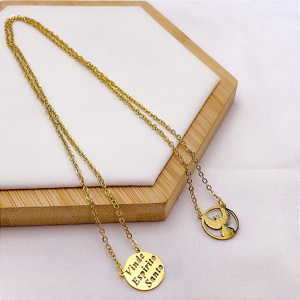 ESCAPULÁRIO AÇO INOX  65CM ESPIRITO SANTO - DOURADO