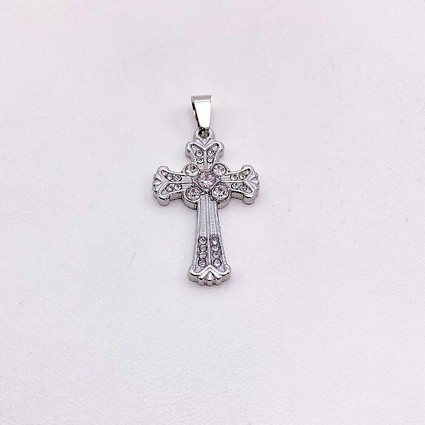 PINGENTE AÇO INOXIDÁVEL  CRUCIFIXO CRAVEJADO - PRATEADO