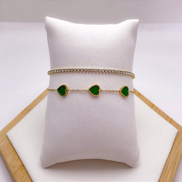 PULSEIRA AÇO INOX DUPLA CRISTAL E CORAÇÃO VERDE - DOURADA